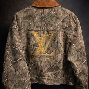 Upcycle.. Repurposed  Gold Glitter LV on Camouflage Quilted Jacket